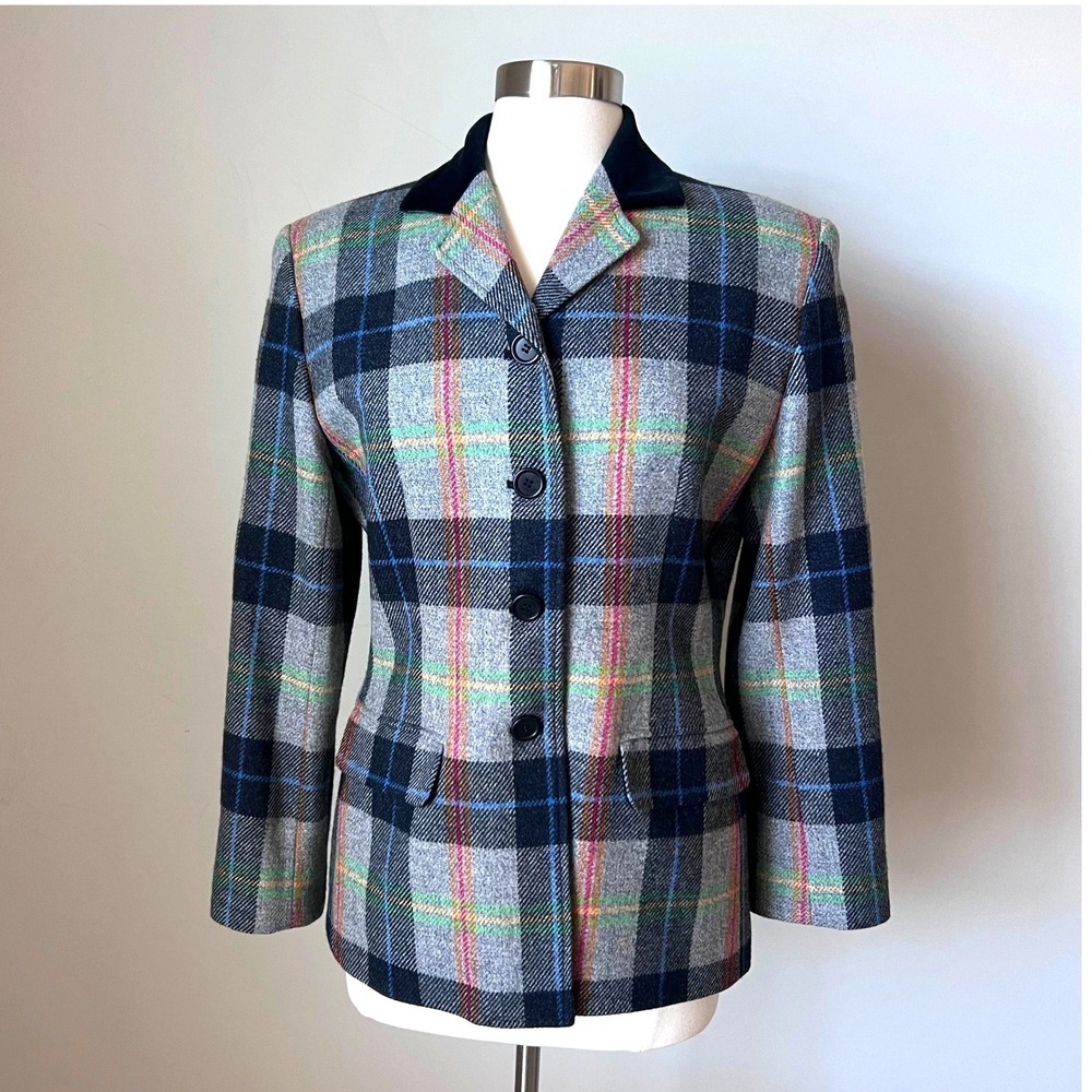 Vintage Evan Picone Plaid 100% Lambswool‎ Blazer Jacket Velvet Collar Women's 10